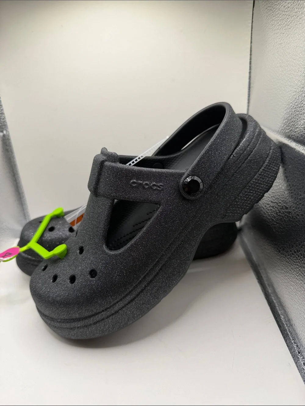 CROCS Kids Black Glitter Clog Sandals with Neon Tag